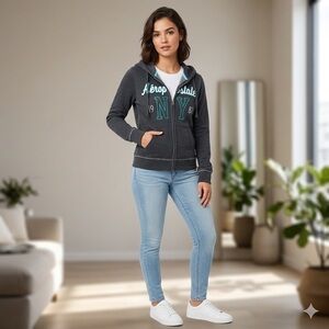 Vintage Aeropostale Charcoal Hoodie with Teal Accents